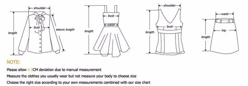 Size measurement guide for clothing including bust, waist, and hip dimensions in a clear visual format.