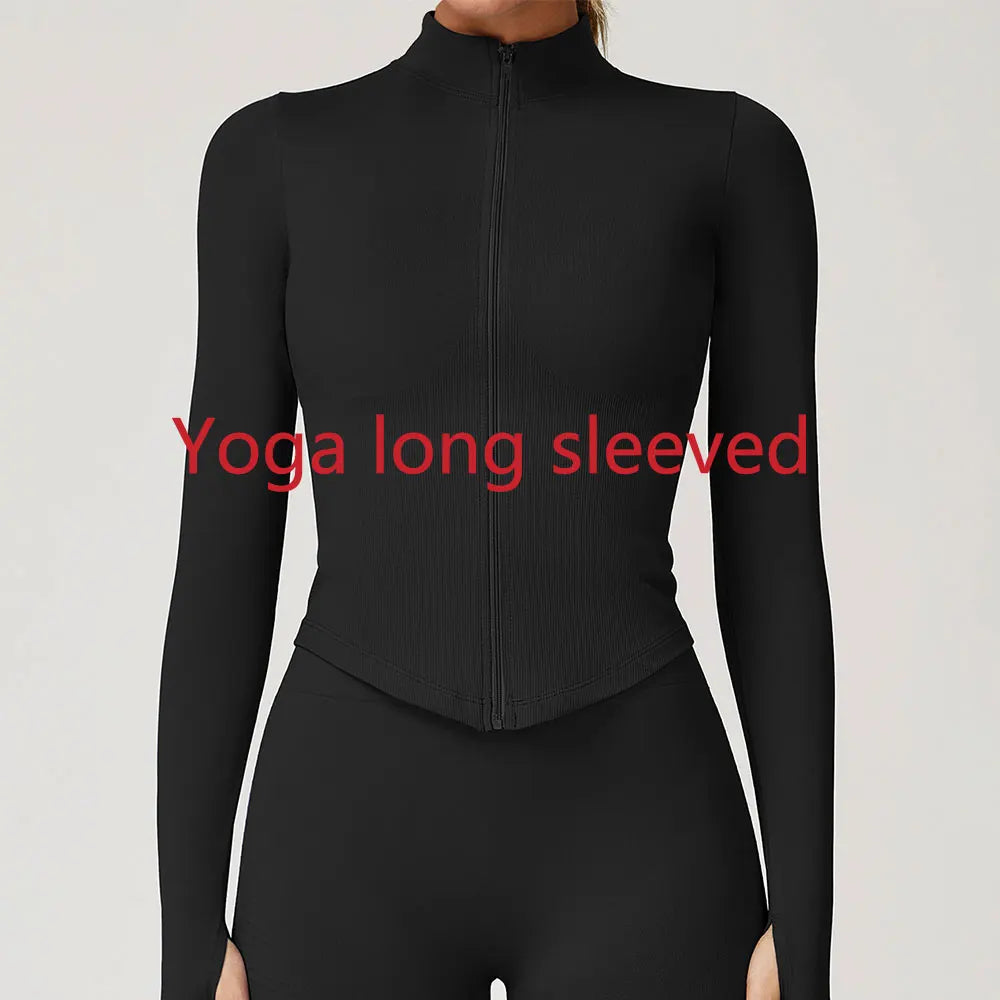 Ribbed Women's Yoga Jacket – Long Sleeve Standing Collar Fitness Top
