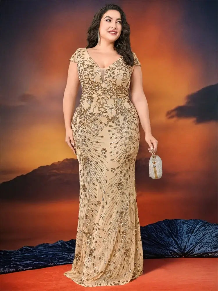 Women Plus Size Mermaid Sequin Formal Prom Dress