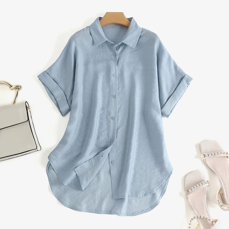 ZanzeaEase™ oversized summer blouse in light blue, button-down style with a relaxed fit and turn-down collar.