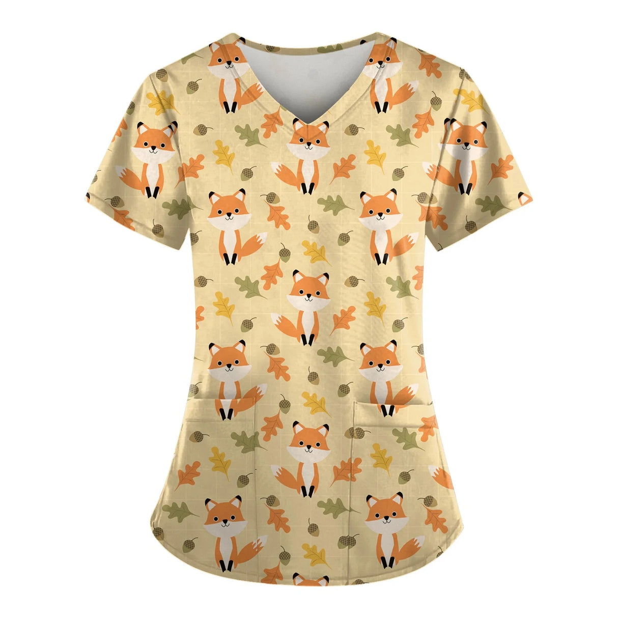 Cute fox print women’s scrub top with a vibrant autumn theme, ideal for vet nurses and medical professionals.