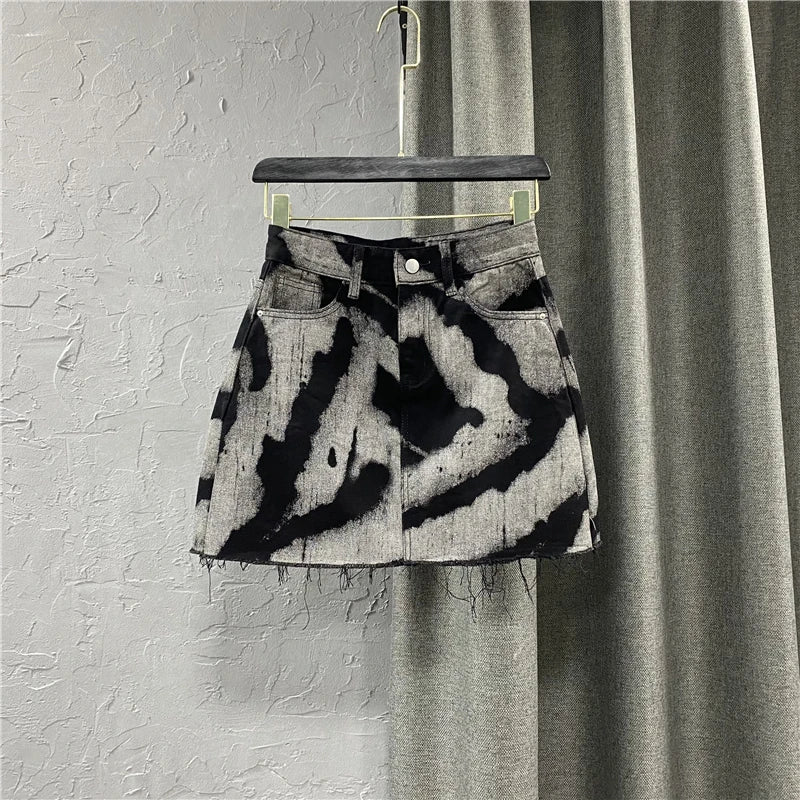 DyeDrape™ – Tie-Dye Short Denim Skirt (Black Gray, Fringed A-Line)