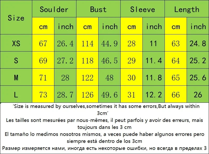 Size chart for WideLine™ oversized striped shirt with measurements in cm and inches for XS, S, M, L.