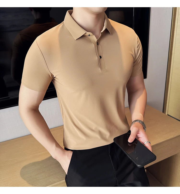 Men Ice Silk Polo Shirt Brown Top