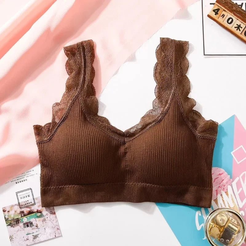 WireFreeFlex™ seamless tank bra top in brown, featuring lace decor for women, perfect for daily comfort and casual wear.