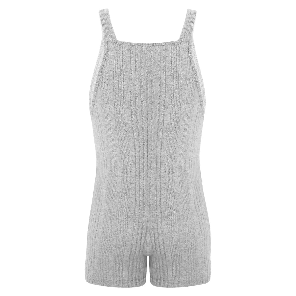 Sleeveless ribbed maternity jumpsuit in grey, ideal for casual summer wear, made of cotton and organic materials.