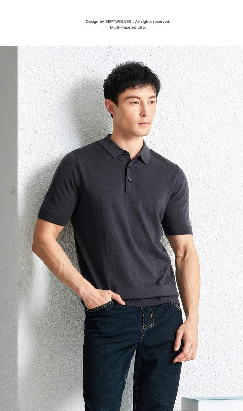 Men Short Sleeve Wool Polo Knit