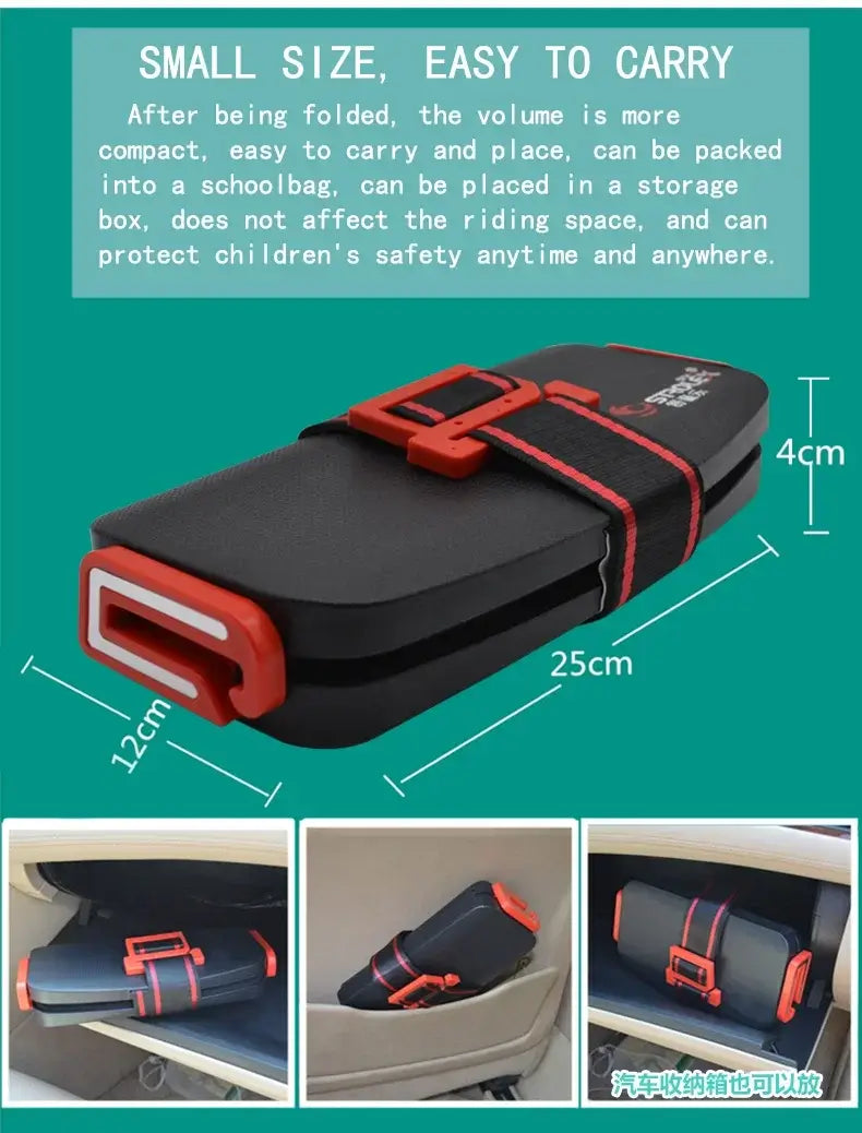 Ifold Portable Baby Car Seat shown in a compact, folded size for easy transport and storage, highlighting safety features for children.