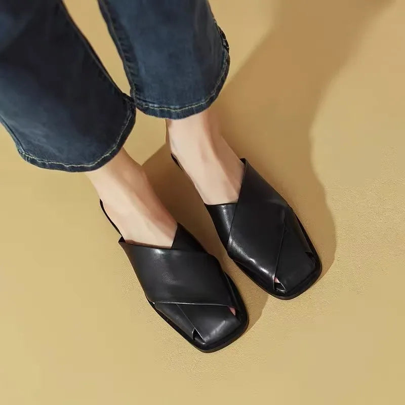 Women Summer Mules – Elegant Square Closed Toe Flats