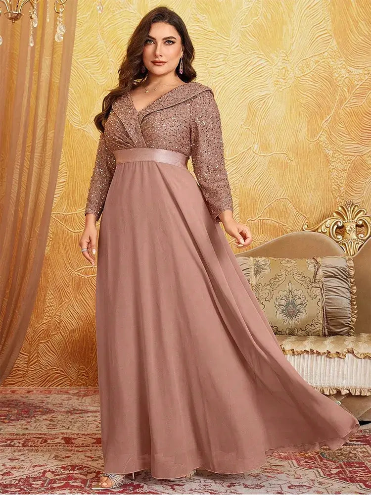 Women Plus Size Chiffon Sequin Long Sleeve Evening Dress