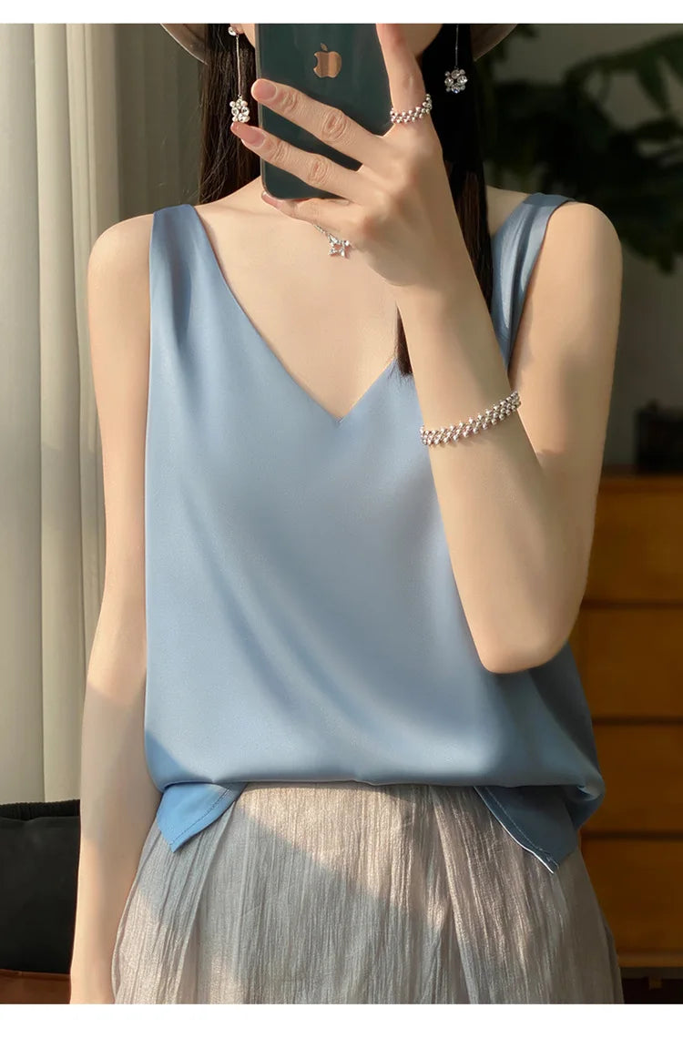 Ice Silk Satin V‑Neck Camisole Crop Top