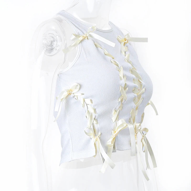 Aesthetic Bow Bandage Ribbed Crop Top