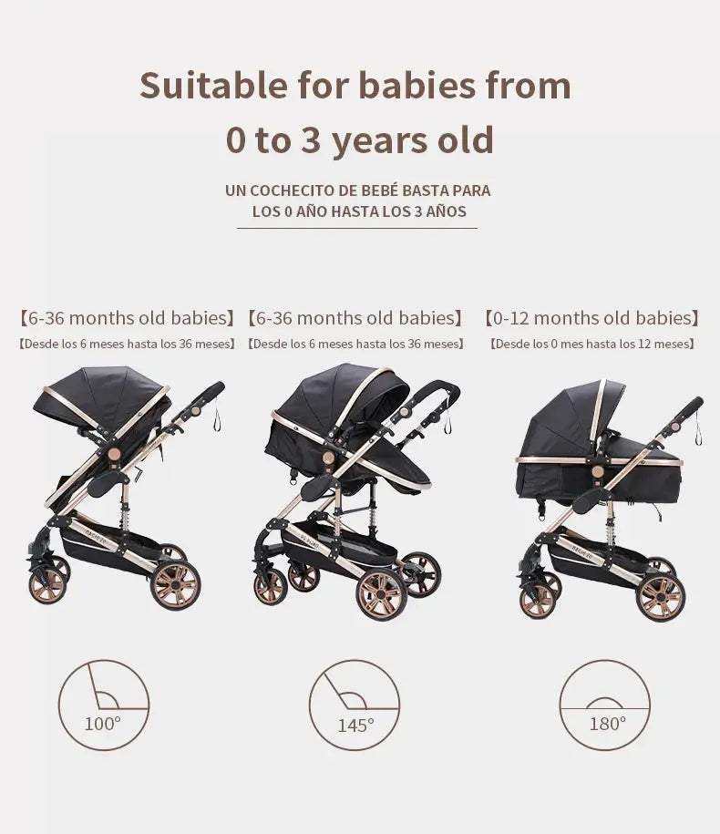 3-in-1 baby stroller for ages 0-3 years, adjustable positions for comfort and convenience.