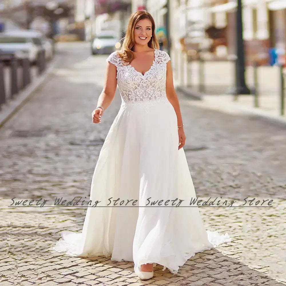 Women Plus Size Backless Chiffon V-Neck Wedding Dress