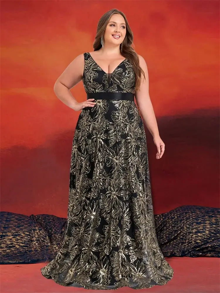 Women Plus Size V-Back Sequin Evening Cocktail Dress