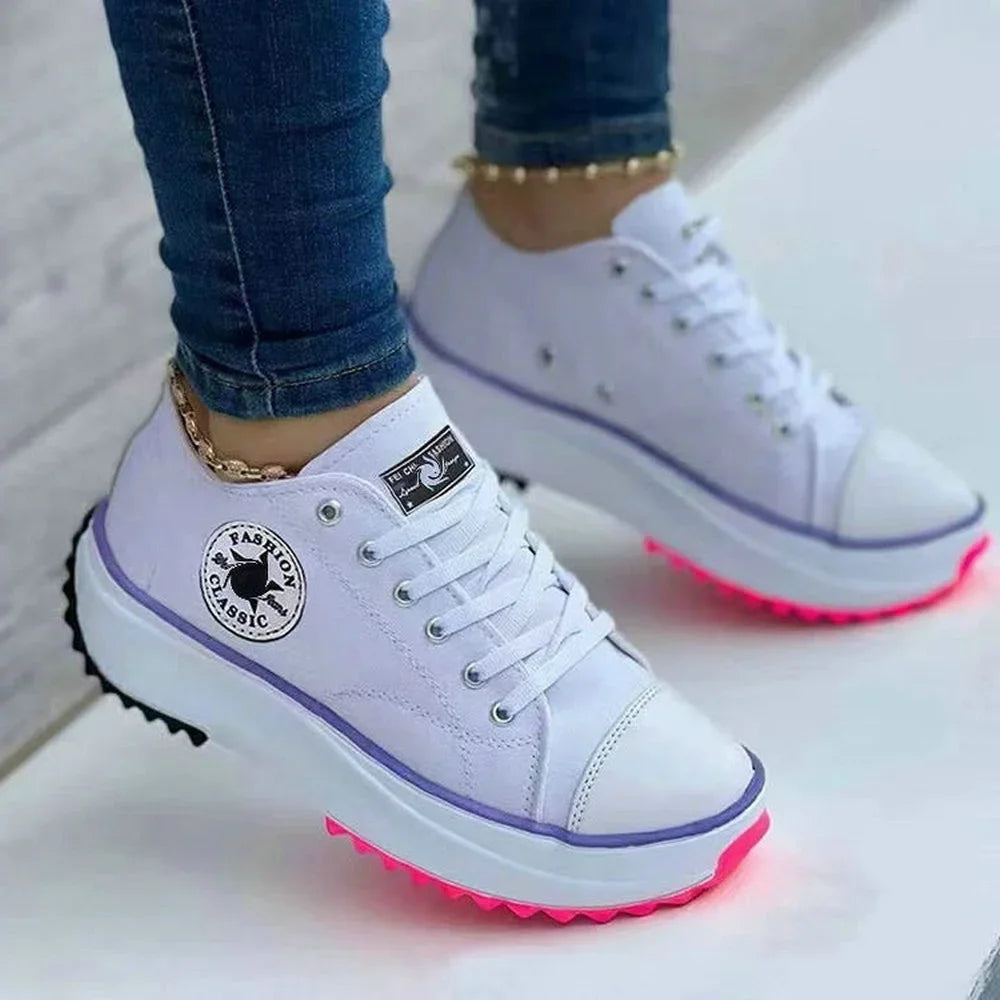 Women Canvas Pattern Sneakers Lace Up Flats