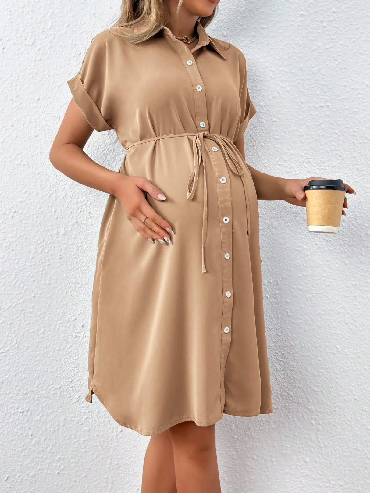 Maternity casual summer dress in natural color, featuring button-down design and tie waist, perfect for expectant mothers.