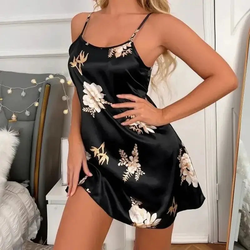 Women Black Floral Nightdress Satin Sleepshirt Casual