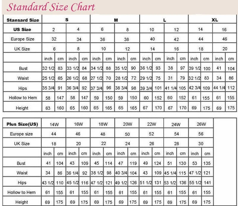 Standard size chart for women’s clothing including US, European, and UK sizes with measurements for bust and waist.