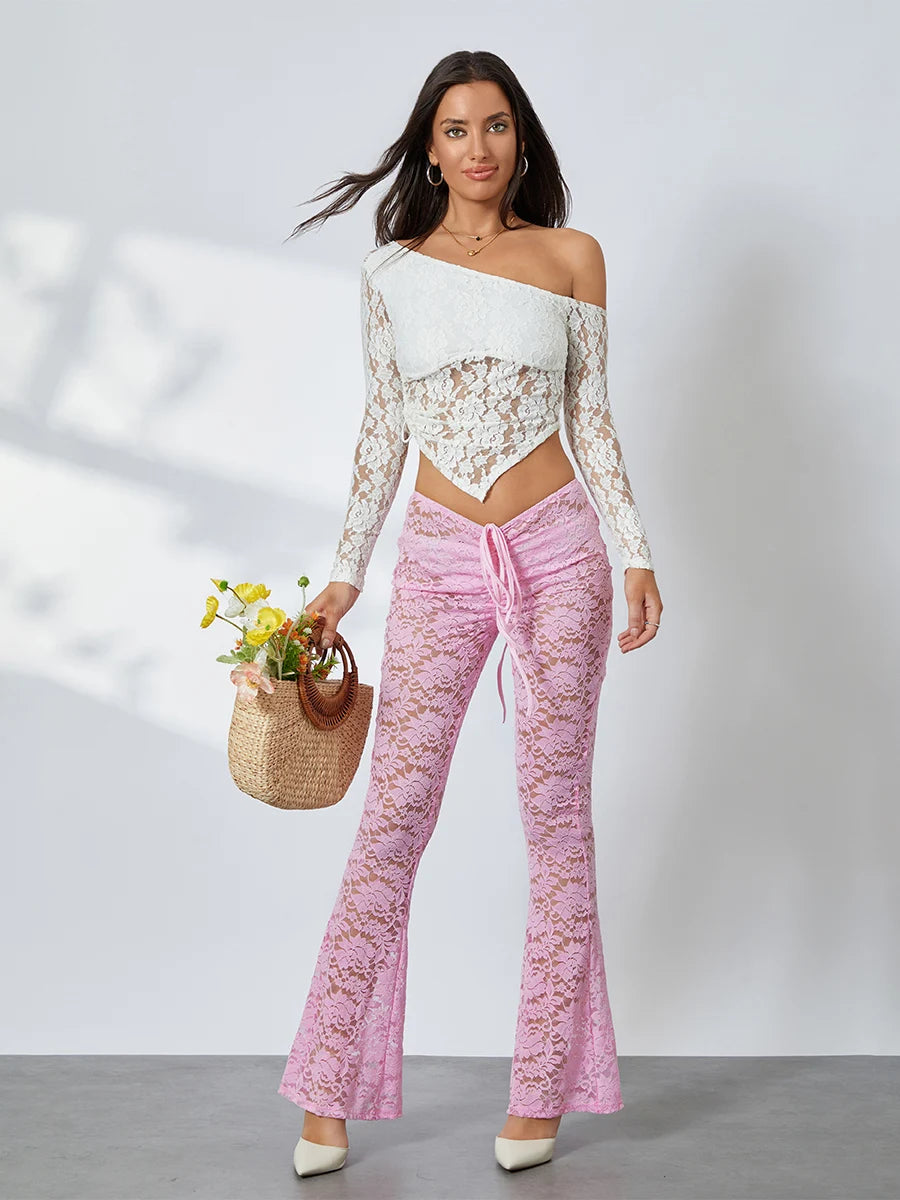 Women Lace Flare See-Through Pants