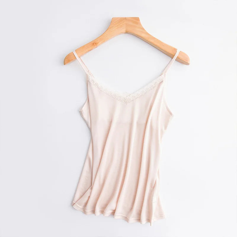 LuxeLace™ Silk Camisole Tank Top in soft pink, sleeveless with V-neck and lace detailing, perfect for comfortable layering.