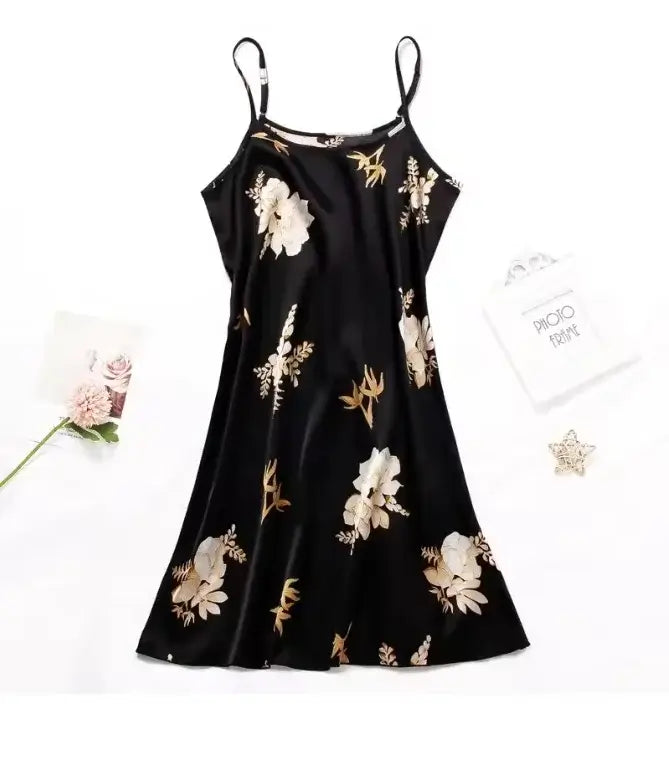 Women Black Floral Satin Nightdress Casual Sleep Shirt