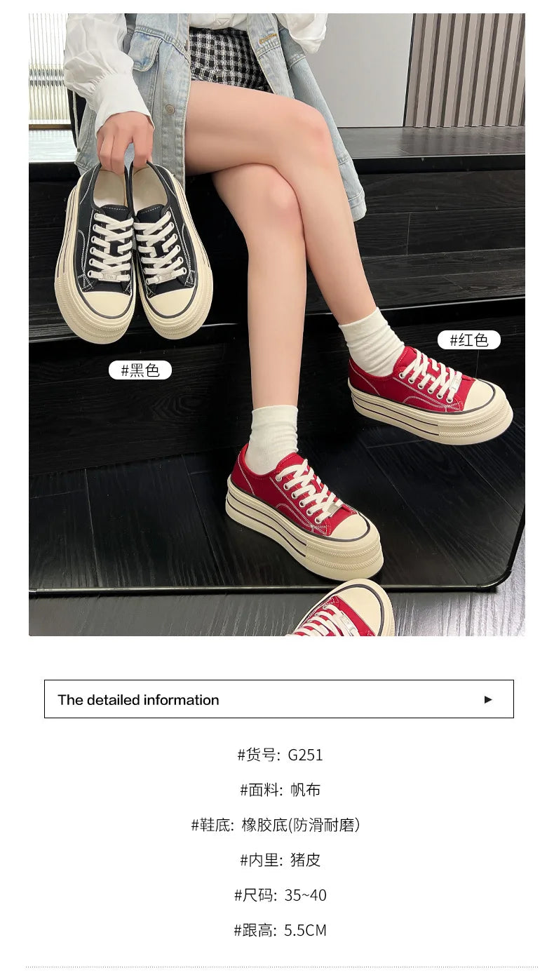 Women Canvas Shoes Black White Platform Sneakers