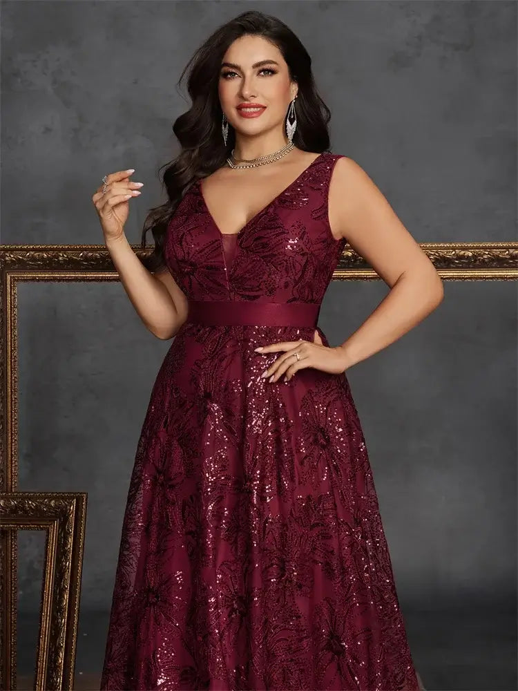 Women Plus Size V-Back Sequin Evening Cocktail Dress