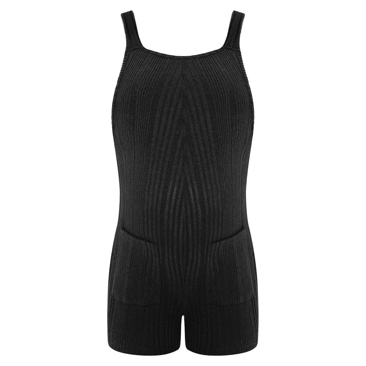 Sleeveless ribbed maternity jumpsuit in black, perfect for casual summer wear, featuring a loose fit and convenient pockets.