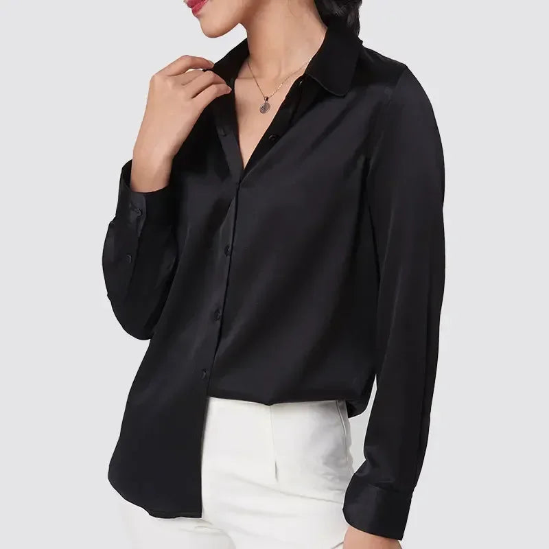 SatinGrace™ long sleeve black silk shirt for women, featuring v-neck and loose fit design, made from 95% mulberry silk.