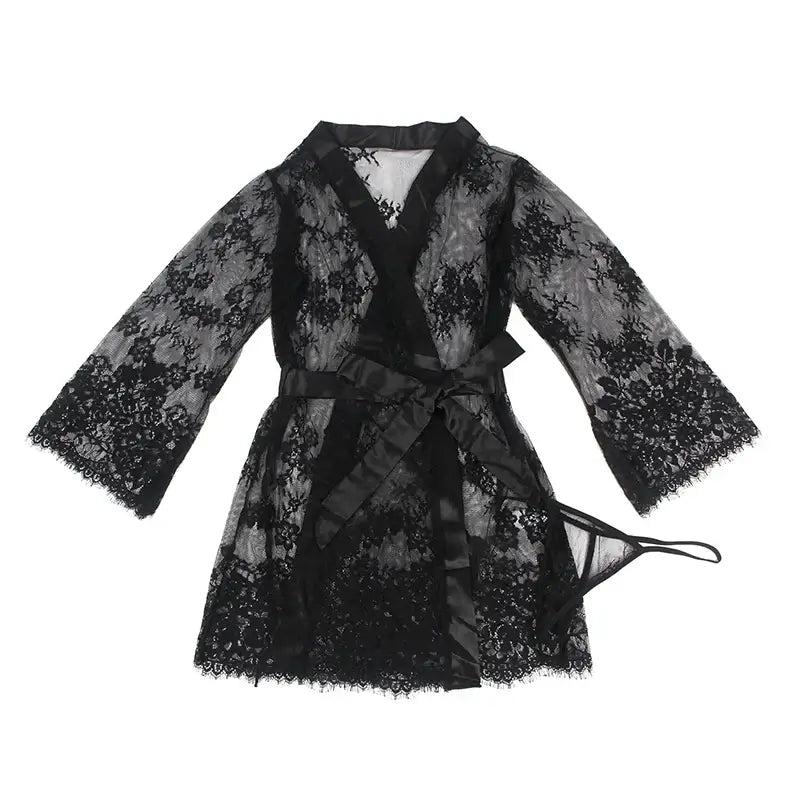 Women Plus Size White Lace Robe Long Sleeve Nightdress