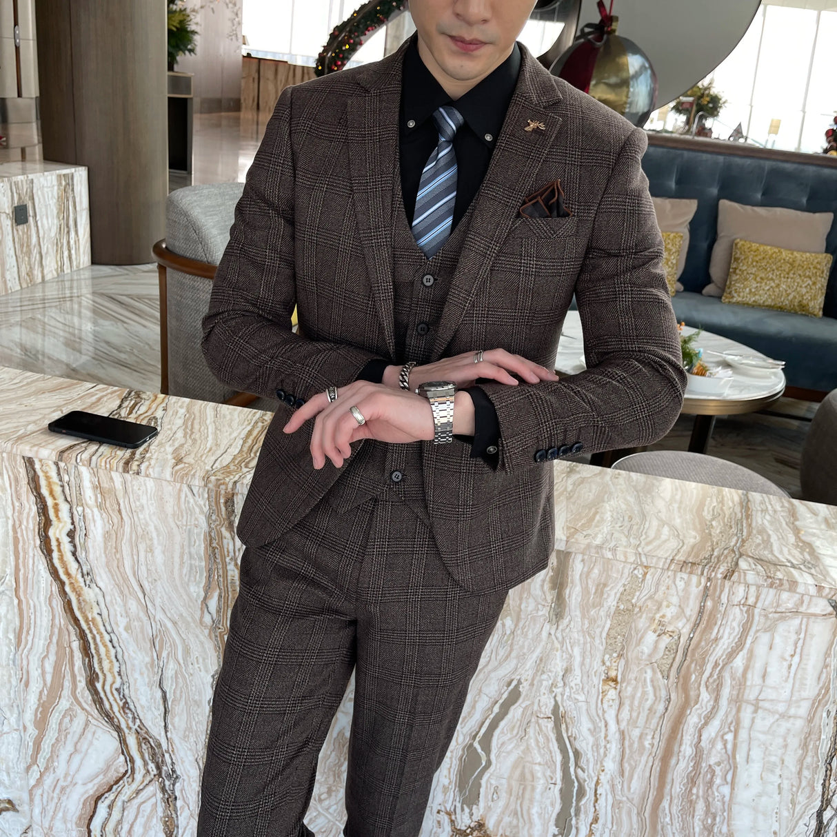 Men Plaid 3-Piece Business Suit