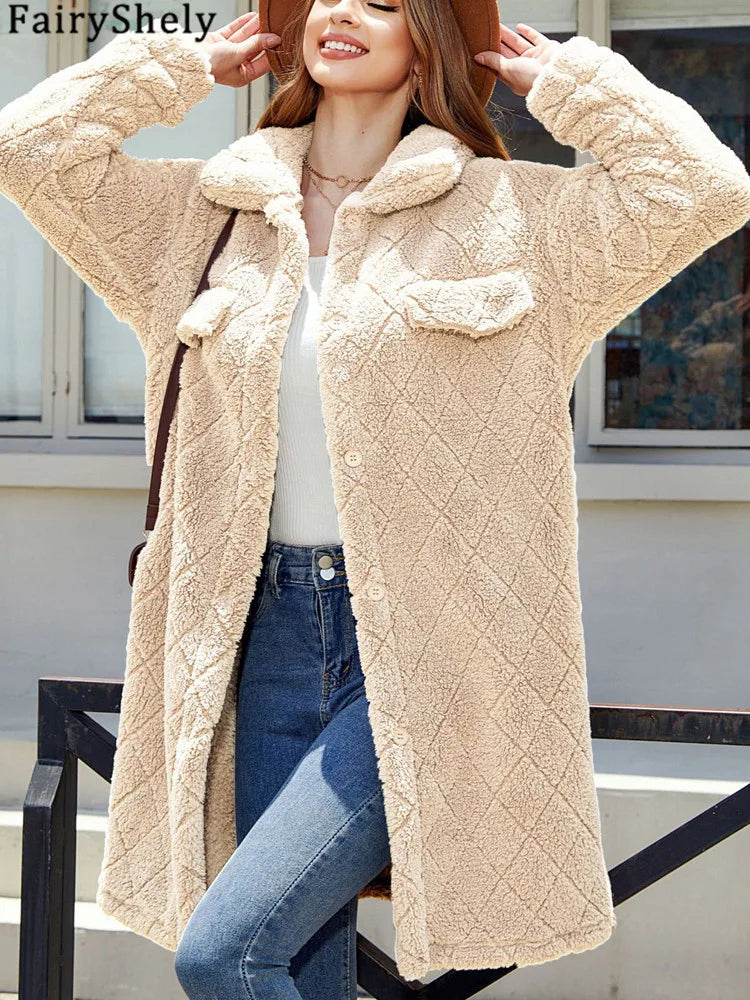 FairyShely Brown Puff Long Women's Winter Jacket – Plush Warm Coat