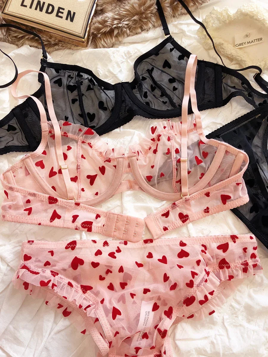 Women Mesh Heart Lingerie Set
