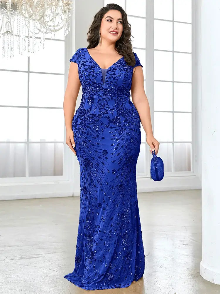 Women Plus Size Mermaid Sequin Formal Prom Dress