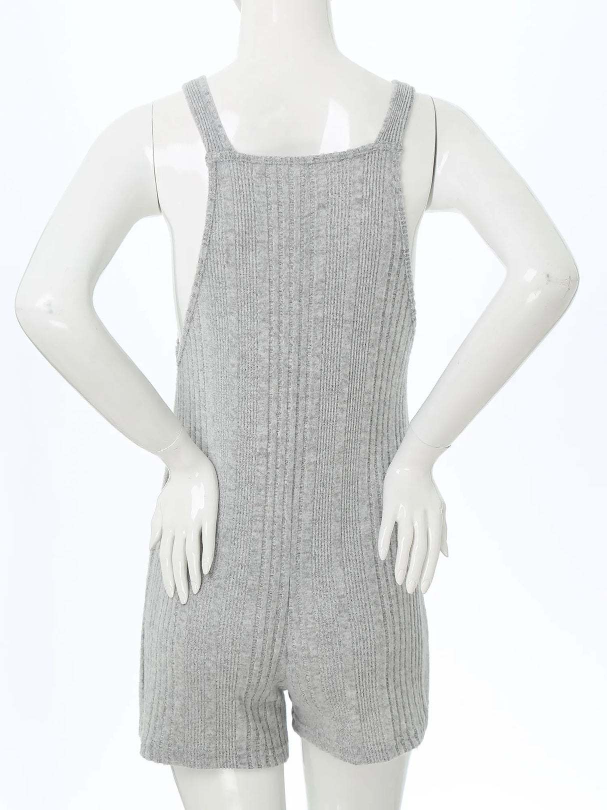 Back view of a sleeveless ribbed maternity jumpsuit in gray, showcasing the loose fit and comfortable fabric.