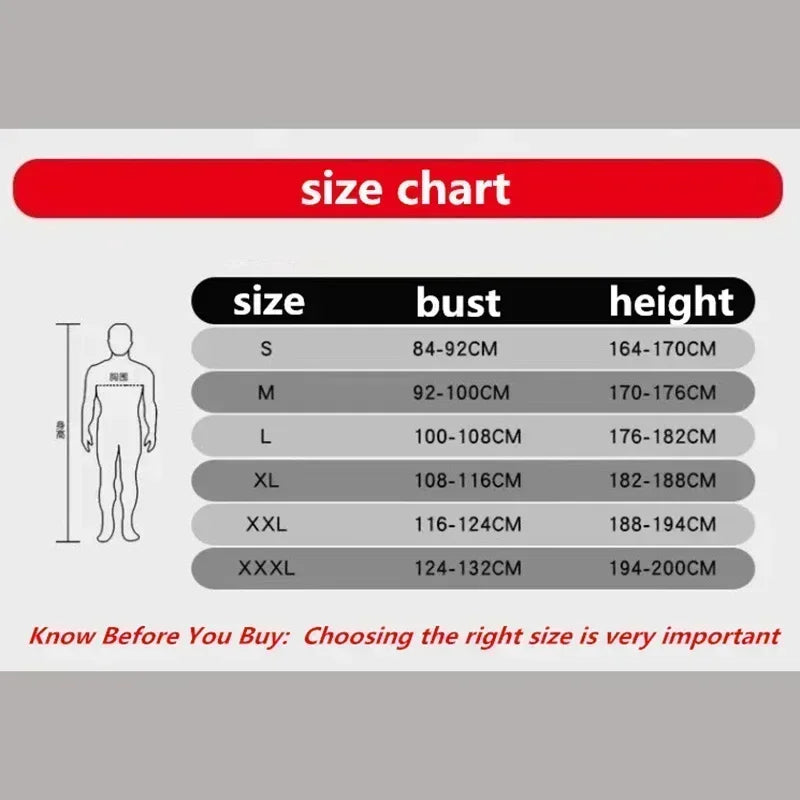 Size chart for chemical resistant work coverall showing sizes S to XXXL with bust and height measurements.