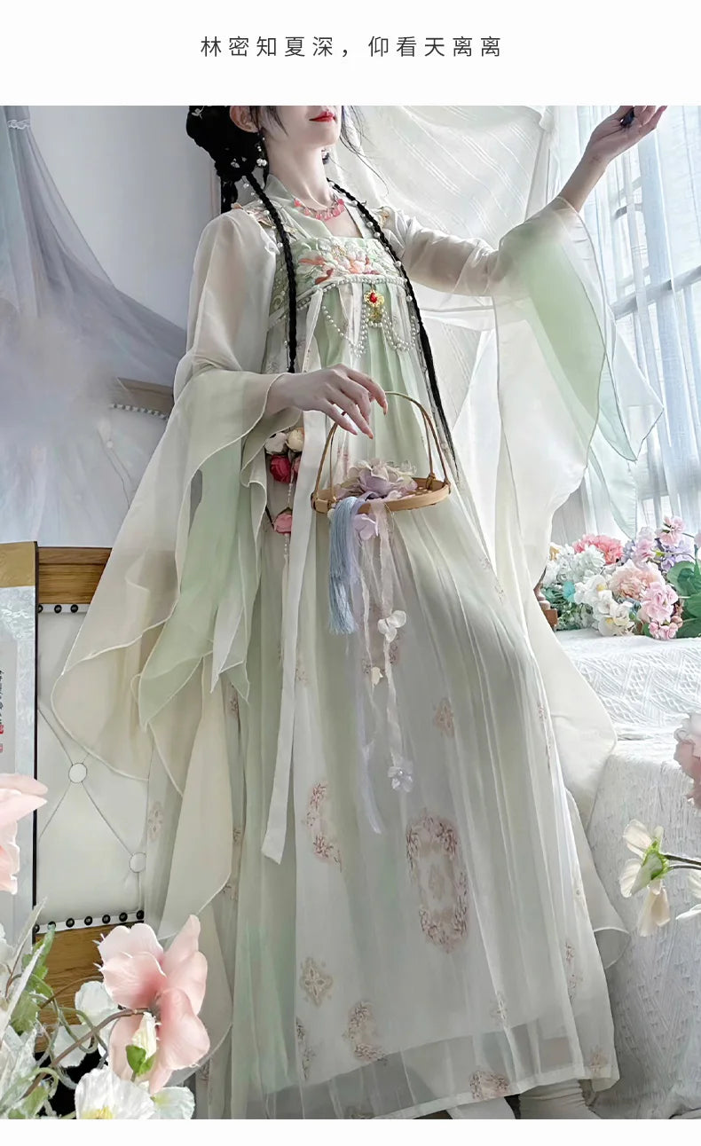 Elegant woman wearing a Vintage Chinese Style Traditional Hanfu Dress with flowing sleeves and floral design.