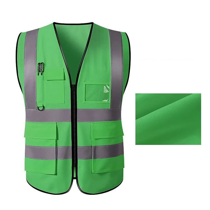 Unisex multi-pocket safety vest in bright green with reflective stripes and breathable polyester fabric.