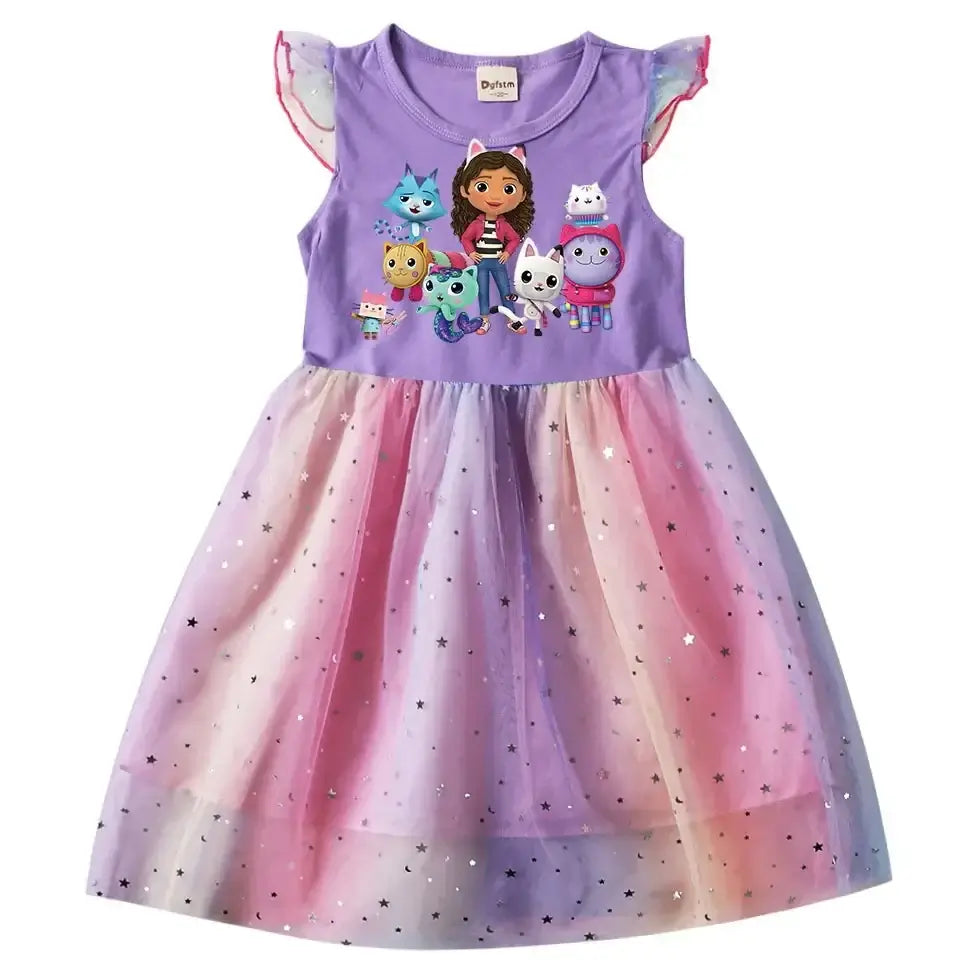 Cute baby girls' dress featuring colorful cartoon characters and a gradient mesh skirt, perfect for summer fun.