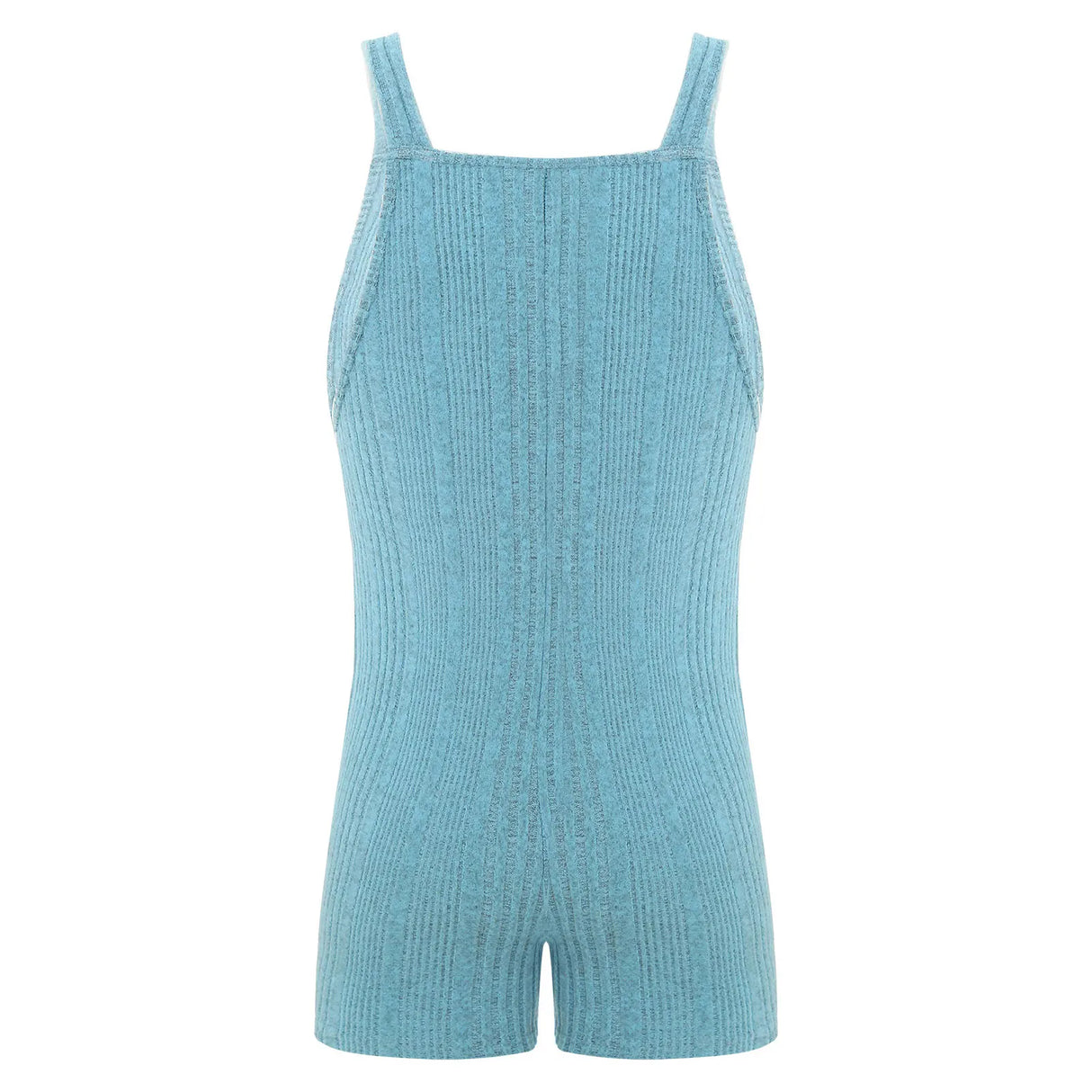 Back view of a sleeveless ribbed maternity jumpsuit in blue, made of cotton and spandex, ideal for summer wear.