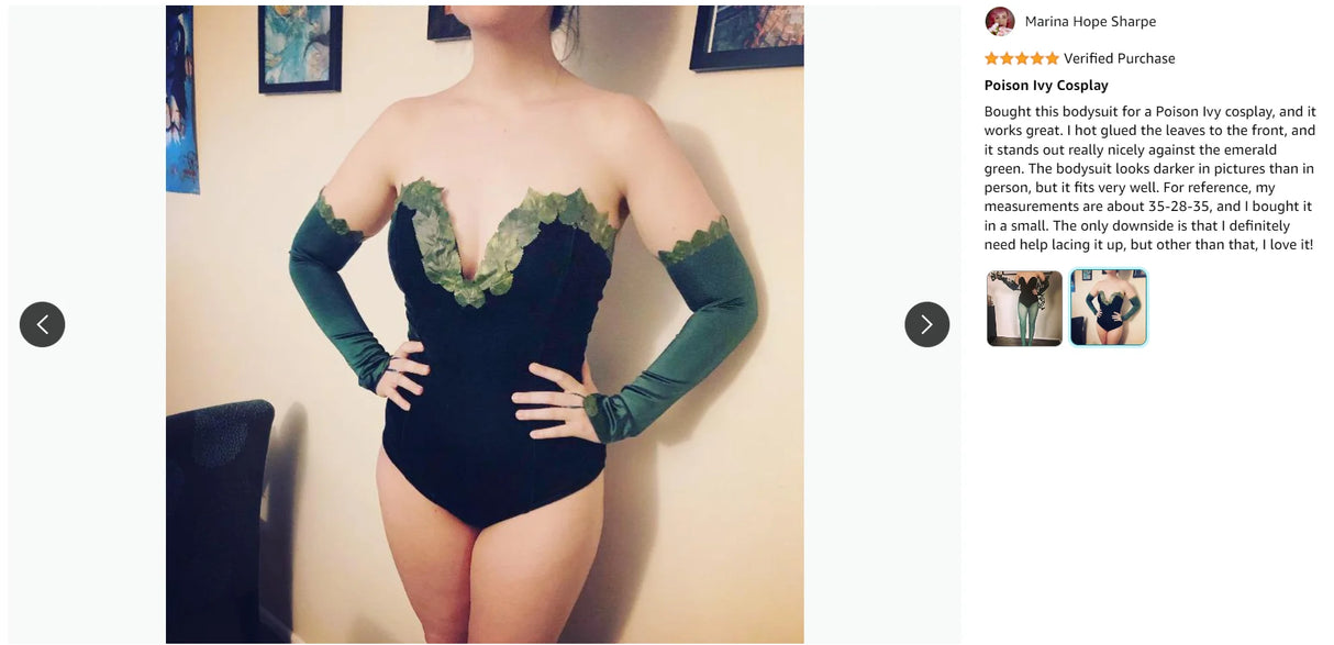 Poison Ivy cosplay bodysuit featuring lace-up design with green accents and long sleeves, perfect for costume events.