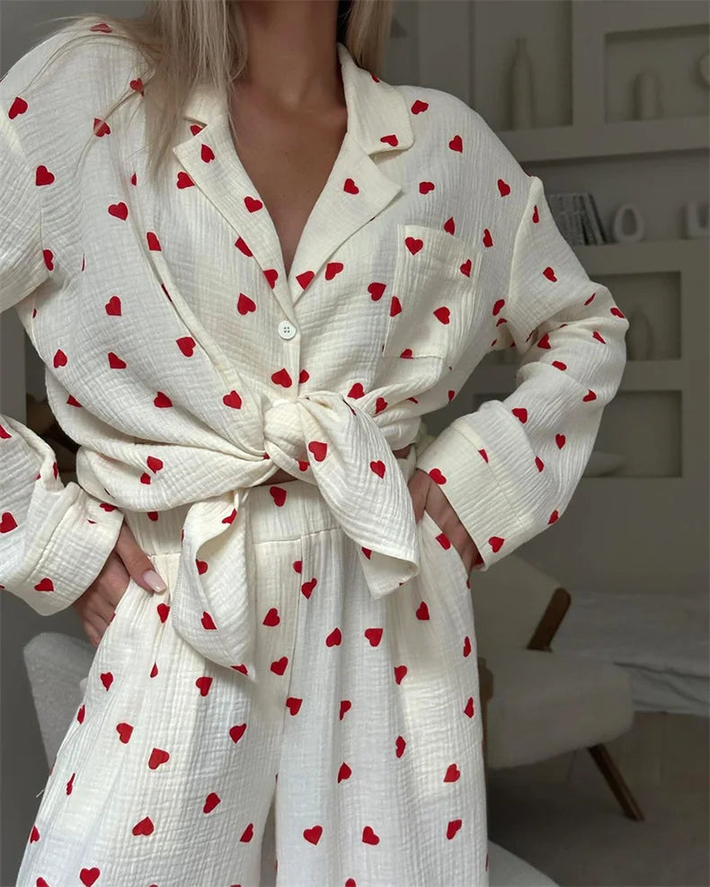 Women Cotton Pajama Set with Hearts