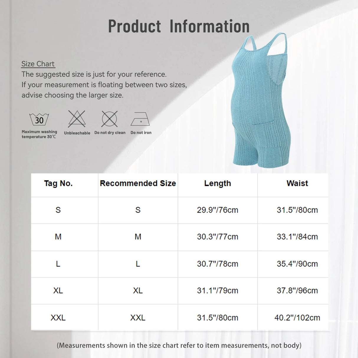 Size chart for women's sleeveless ribbed maternity jumpsuit in natural color, showing length and waist measurements.