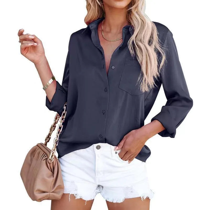Women Long Sleeve Solid Patch Pocket Blouse