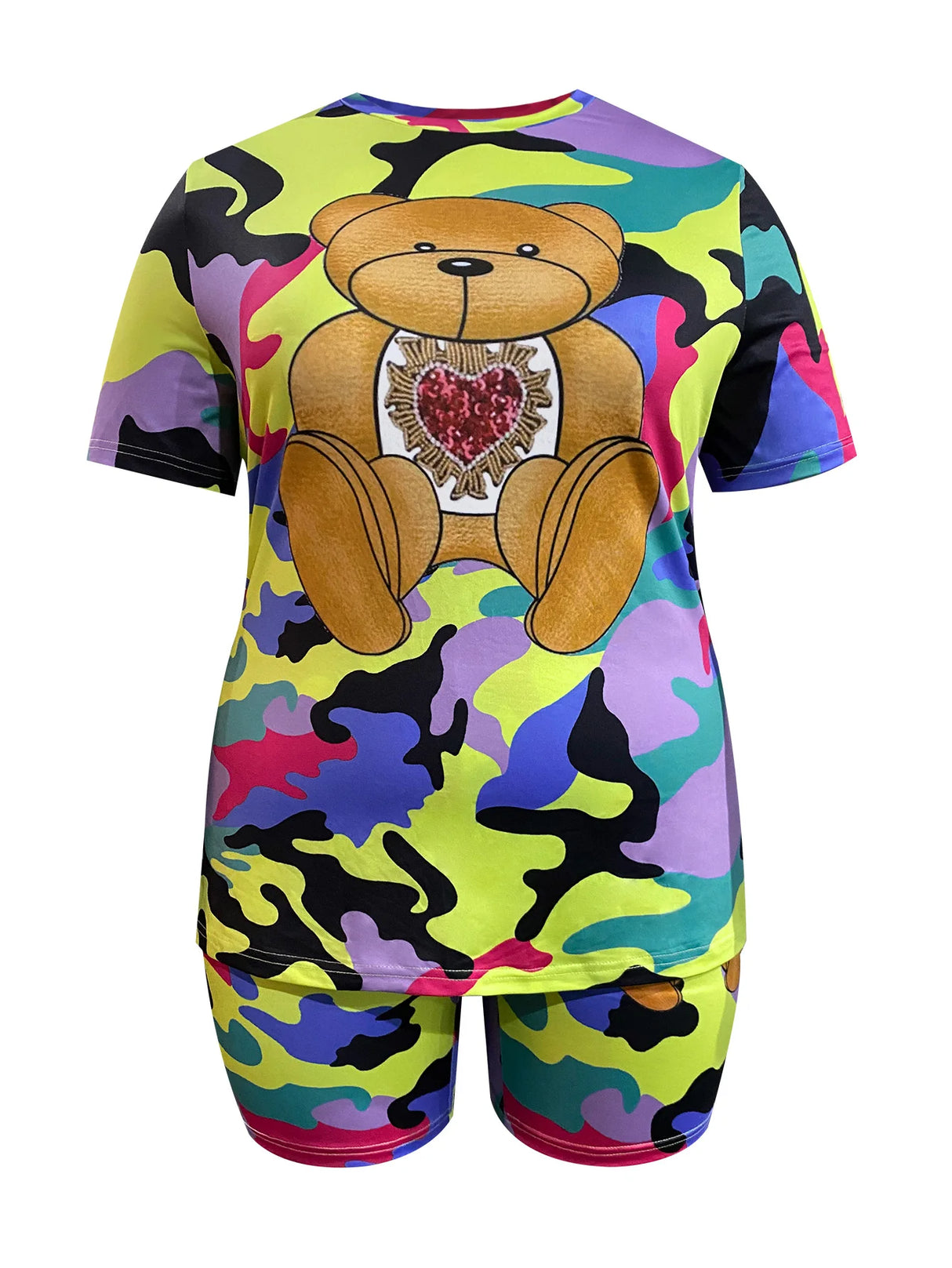 Camo Print Plus Size Shorts Set