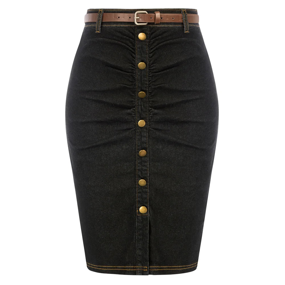 BuckleCurve™ – Ruched Belt Bodycon Skirt (High Waist Retro Denim)