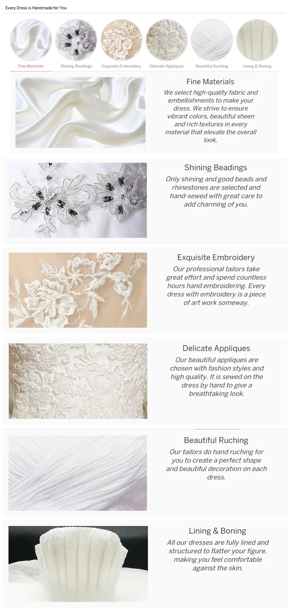 High-quality wedding dress materials including fabric, beads, embroidery, appliques, ruching, and lining.
