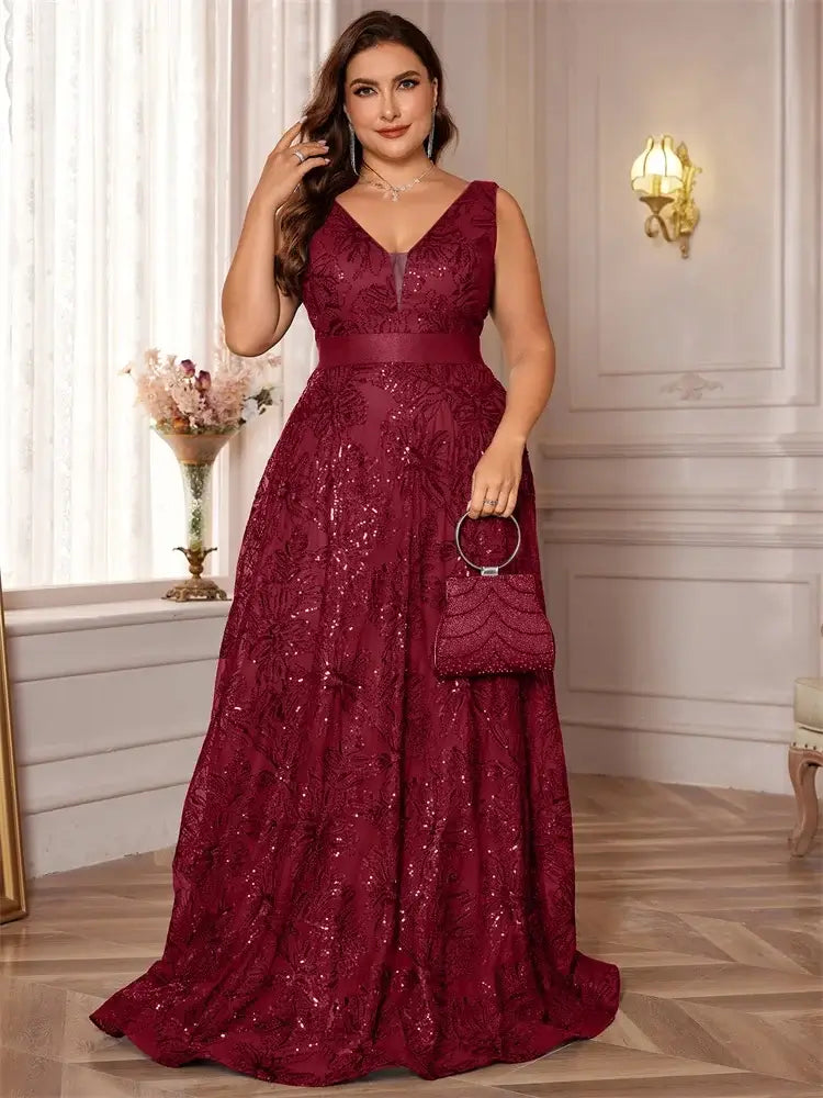 Women Plus Size V-Back Sequin Evening Cocktail Dress