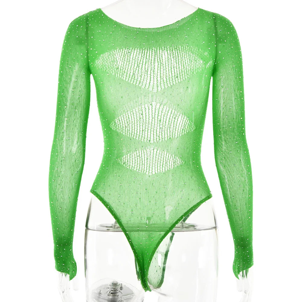 Women's Knitted Rhinestone Long Sleeve Bodysuit – Sexy Y2K Outfit